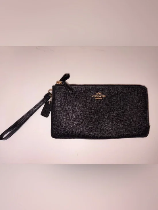 Coach Black Pebbled Leather Zip Wristlet with Gold Logo - Picture 2 of 16